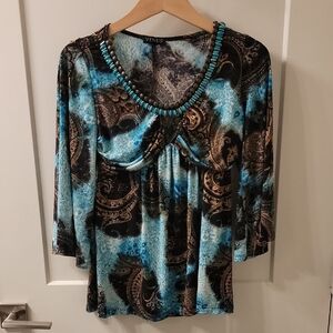 VENUS Blue and Black Graphic 3/4 Sleeve Blouse
